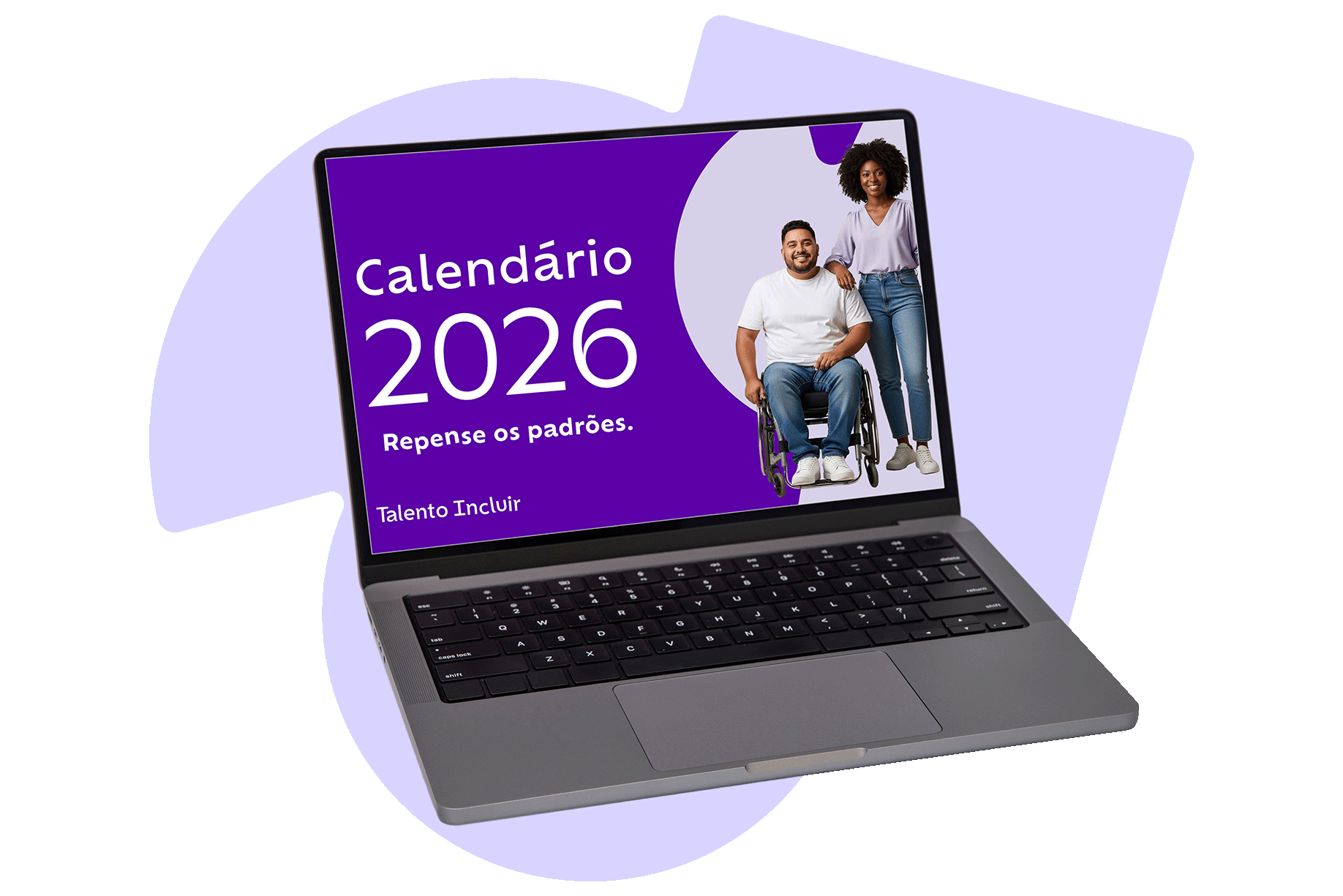 Notebook projetando a capa do Calendário 2026 da Talento Incluir na cor roxa. Notebook projetando a capa do Calendário 2026 da Talento Incluir na cor roxa.